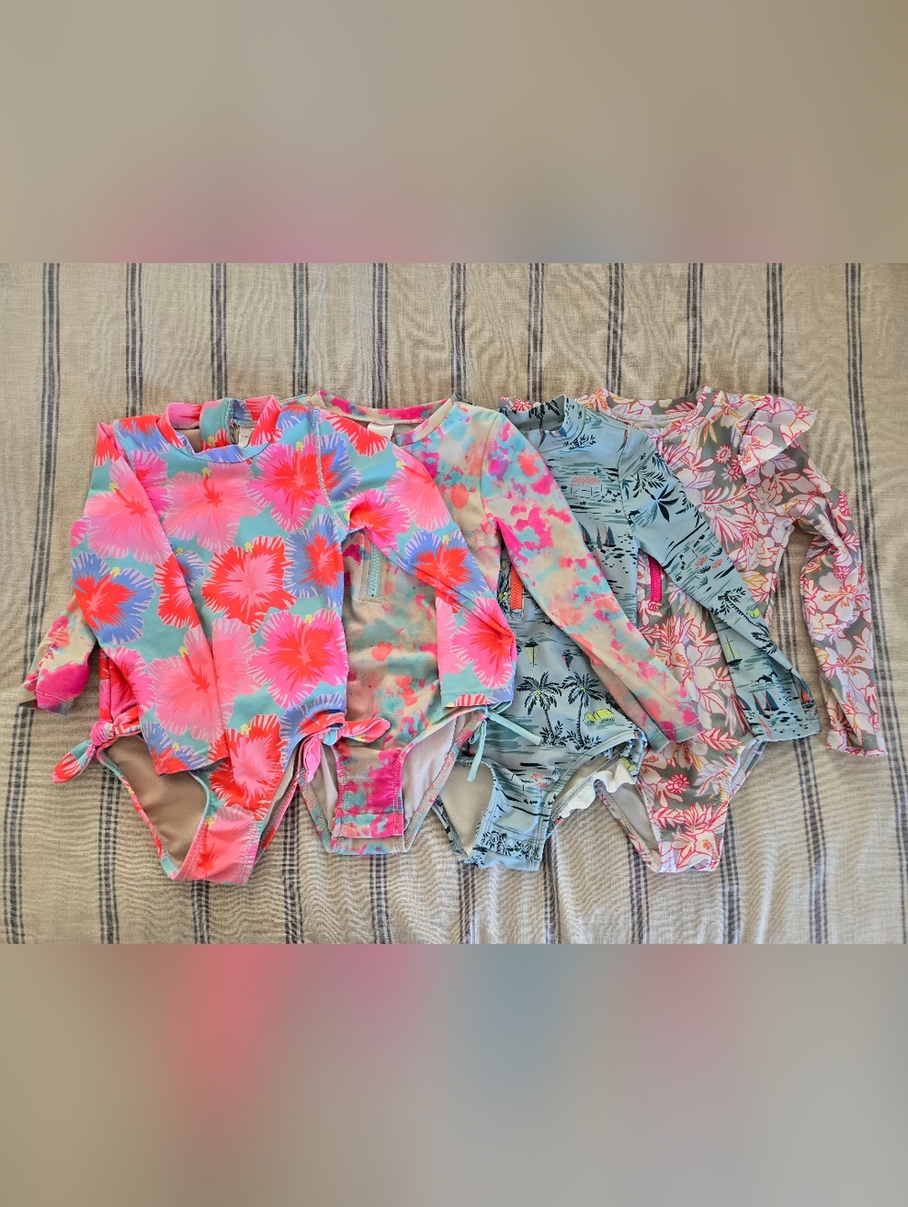 Lot Of 4Girls Long Sleeve Floral & Tropical One-Piece Swimsuits - Pink/Blue/Teal